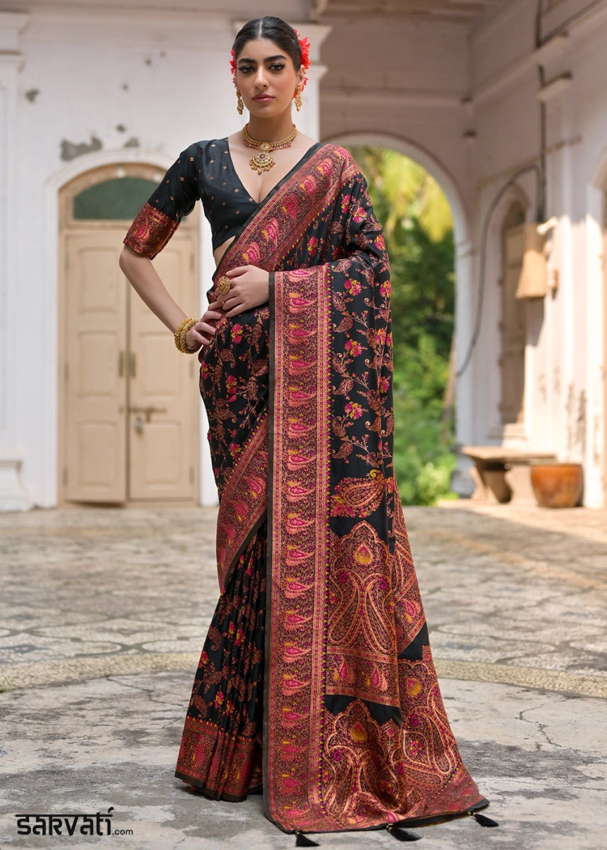 Onyx Black Silk Saree with Intricate Threadwork Floral Jaal - House of Sarvati LLC
