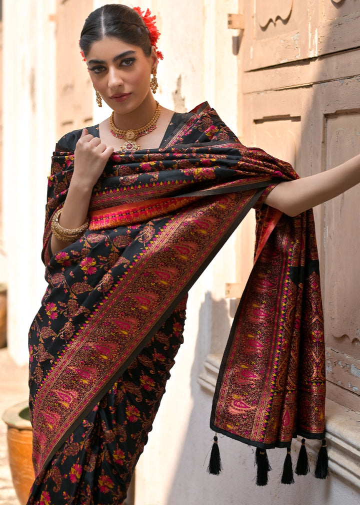 Onyx Black Silk Saree with Intricate Threadwork Floral Jaal - House of Sarvati LLC