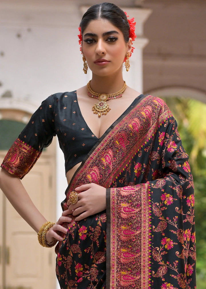 Onyx Black Silk Saree with Intricate Threadwork Floral Jaal - House of Sarvati LLC