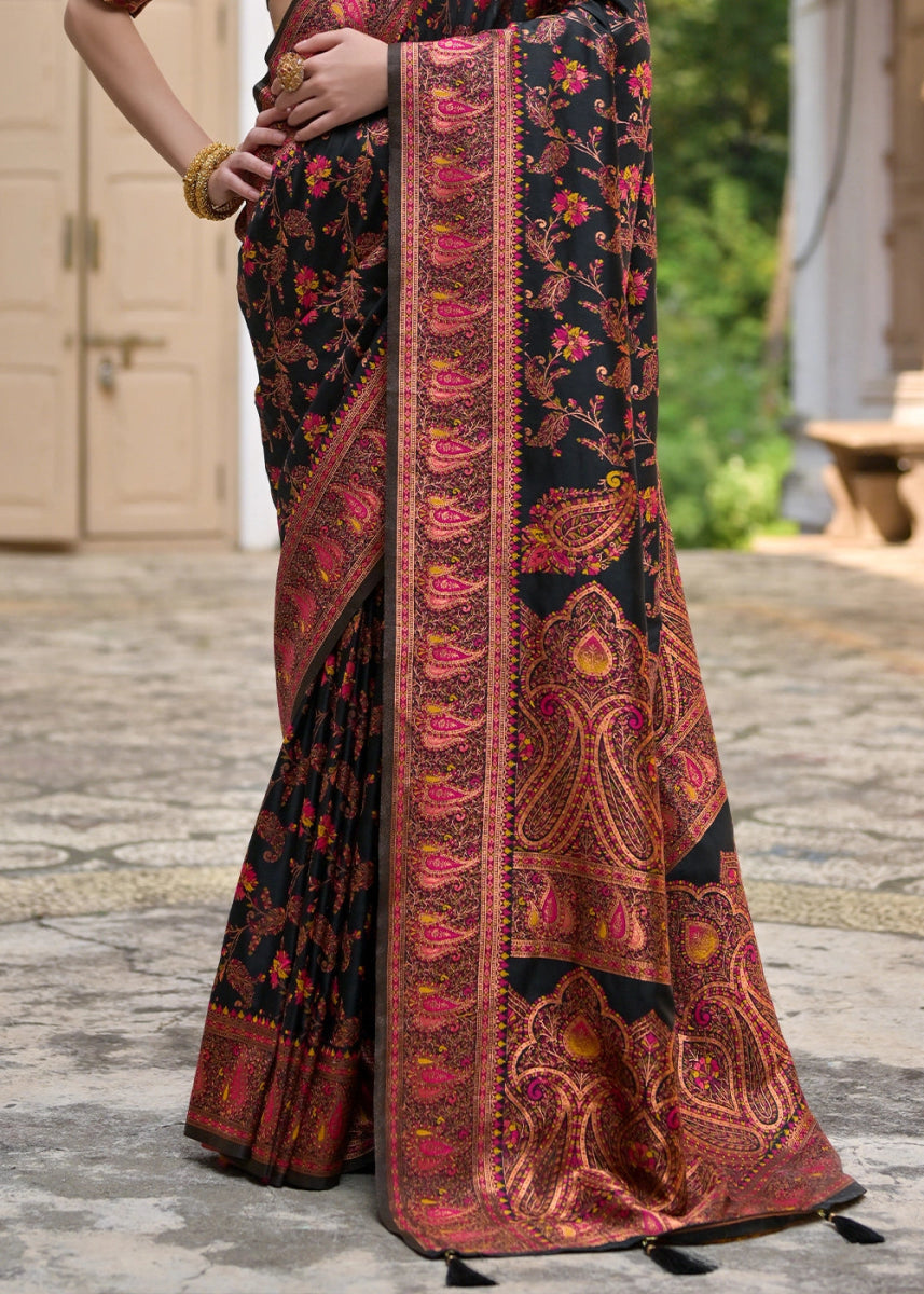 Onyx Black Silk Saree with Intricate Threadwork Floral Jaal - House of Sarvati LLC