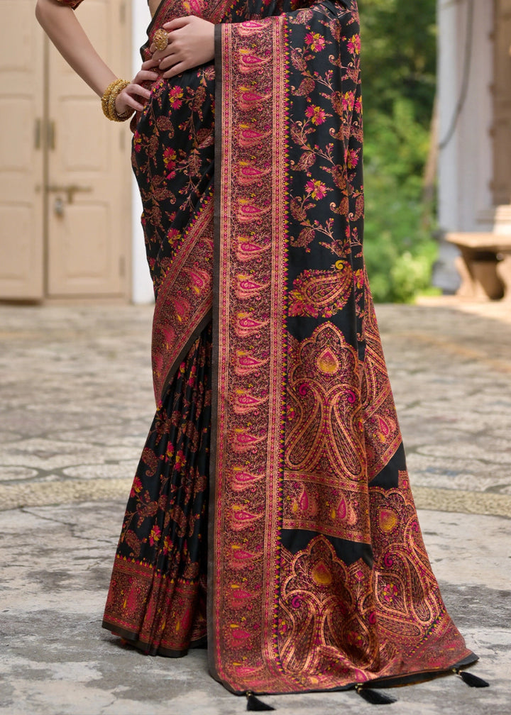 Onyx Black Silk Saree with Intricate Threadwork Floral Jaal - House of Sarvati LLC
