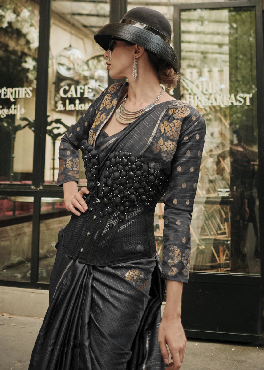 Onyx Black Zari Woven Saree In Soft Satin Silk With Luxe Finish - House of Sarvati LLC