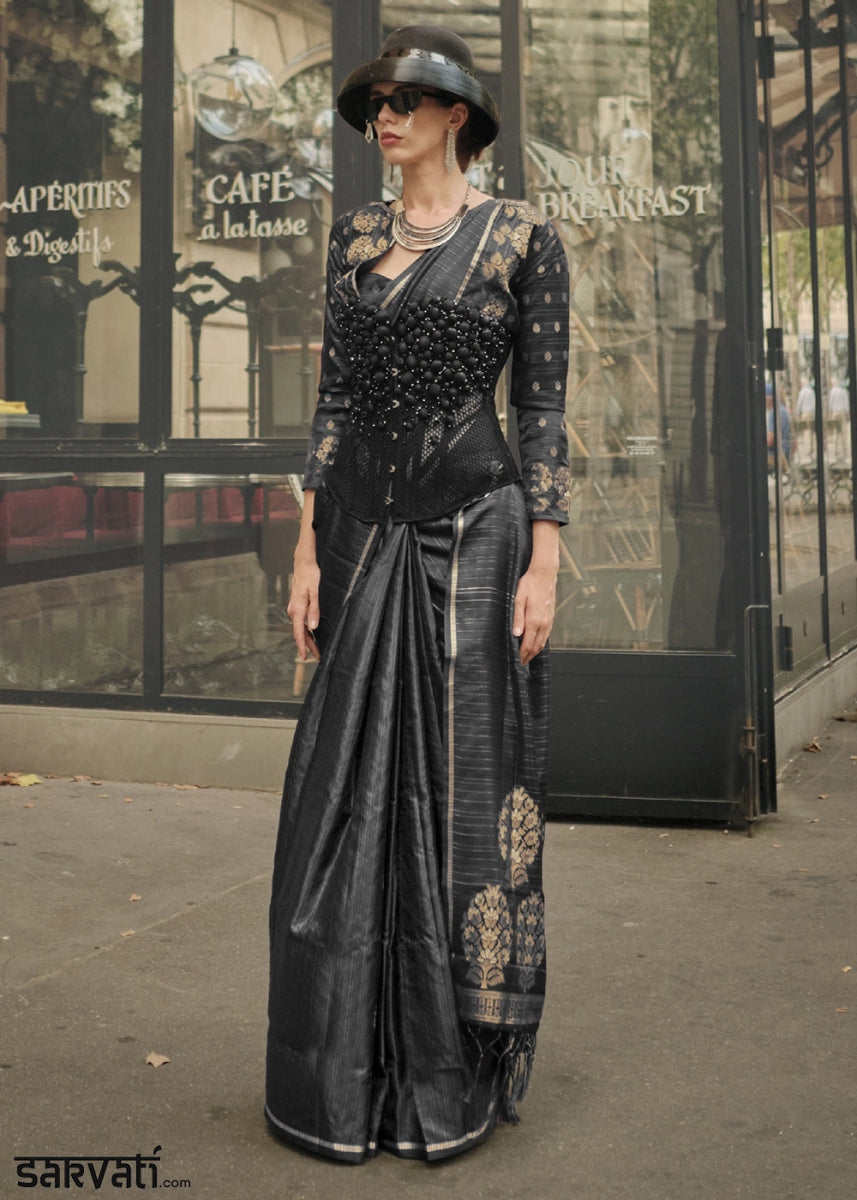 Onyx Black Zari Woven Saree In Soft Satin Silk With Luxe Finish - House of Sarvati LLC