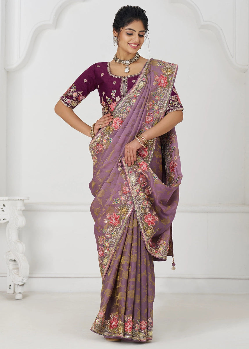 Opera Mauve Embroidered Viscose Dola Silk Saree With Sequin And Multi Thread Accents - House of Sarvati LLC