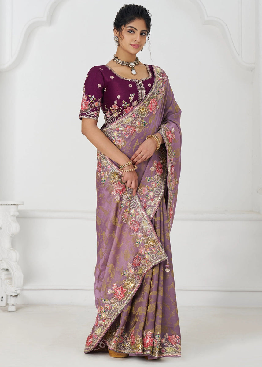 Opera Mauve Embroidered Viscose Dola Silk Saree With Sequin And Multi Thread Accents - House of Sarvati LLC