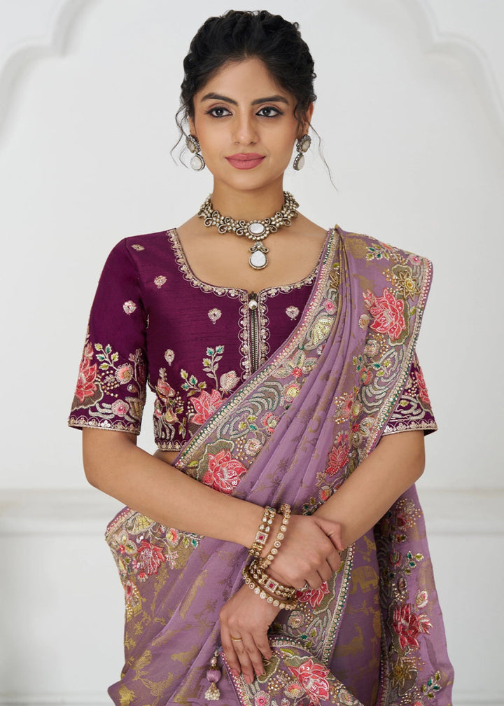 Opera Mauve Embroidered Viscose Dola Silk Saree With Sequin And Multi Thread Accents - House of Sarvati LLC