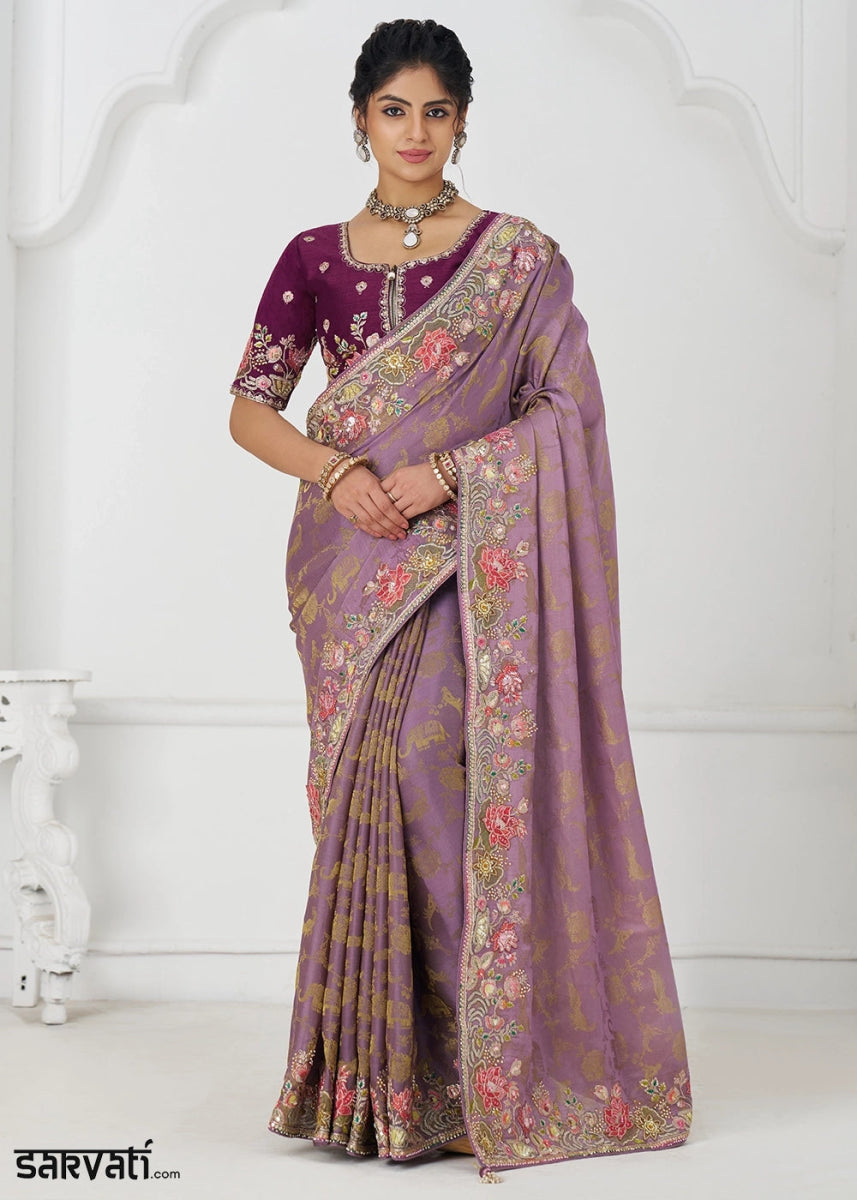 Opera Mauve Embroidered Viscose Dola Silk Saree With Sequin And Multi Thread Accents - House of Sarvati LLC