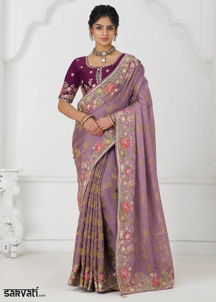 Opera Mauve Embroidered Viscose Dola Silk Saree With Sequin And Multi Thread Accents - House of Sarvati LLC
