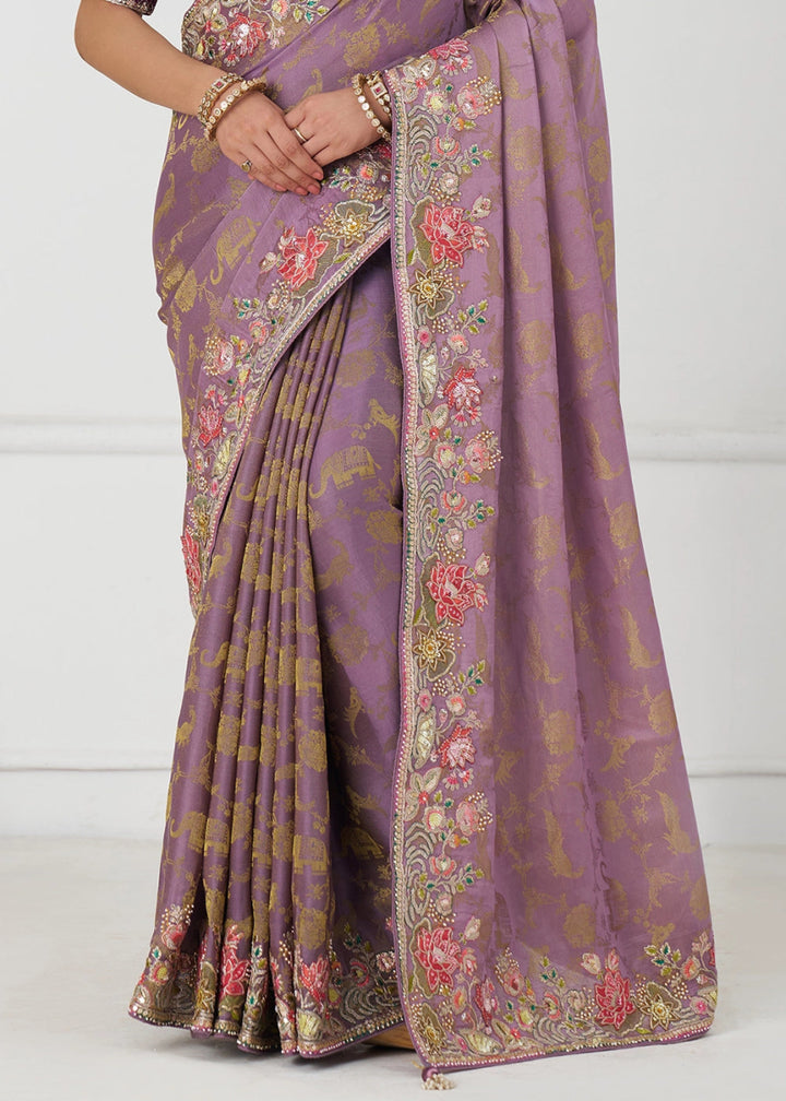 Opera Mauve Embroidered Viscose Dola Silk Saree With Sequin And Multi Thread Accents - House of Sarvati LLC