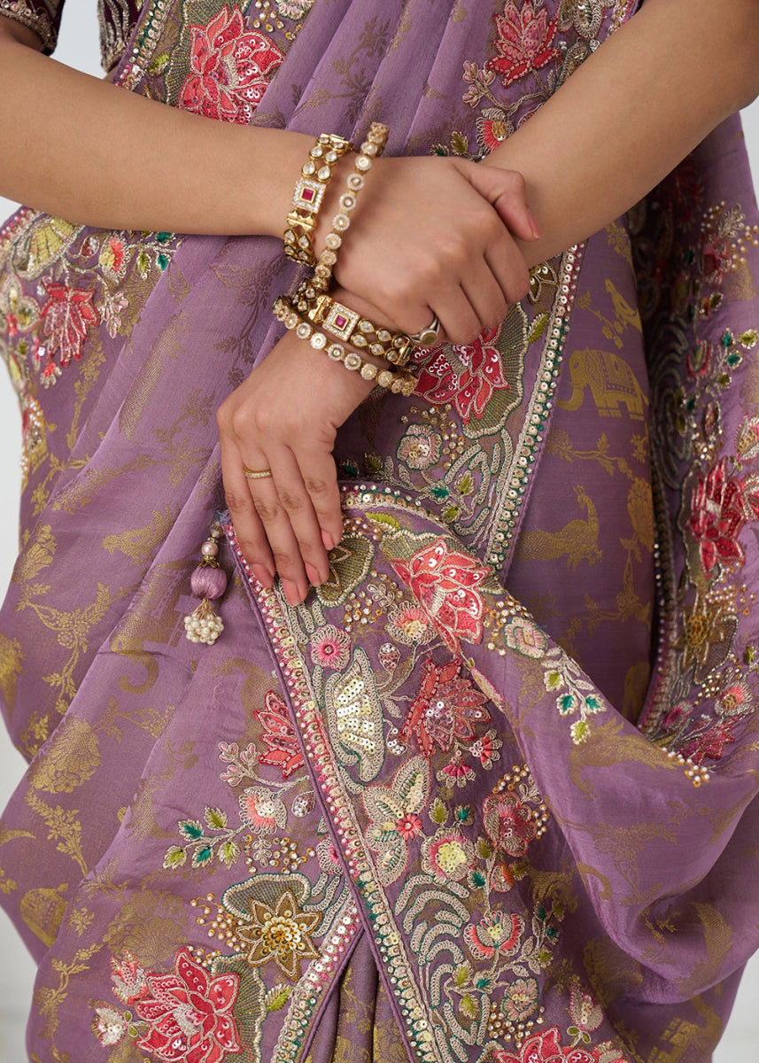 Opera Mauve Embroidered Viscose Dola Silk Saree With Sequin And Multi Thread Accents - House of Sarvati LLC