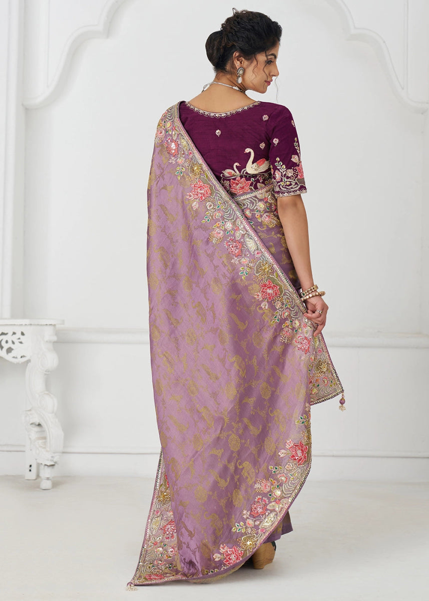 Opera Mauve Embroidered Viscose Dola Silk Saree With Sequin And Multi Thread Accents - House of Sarvati LLC