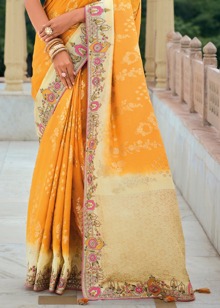 Orange & Pink Viscose Silk Saree with Intricate Cutwork & Embroidery - House of Sarvati LLC