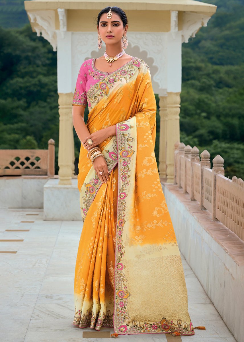 Orange & Pink Viscose Silk Saree with Intricate Cutwork & Embroidery - House of Sarvati LLC
