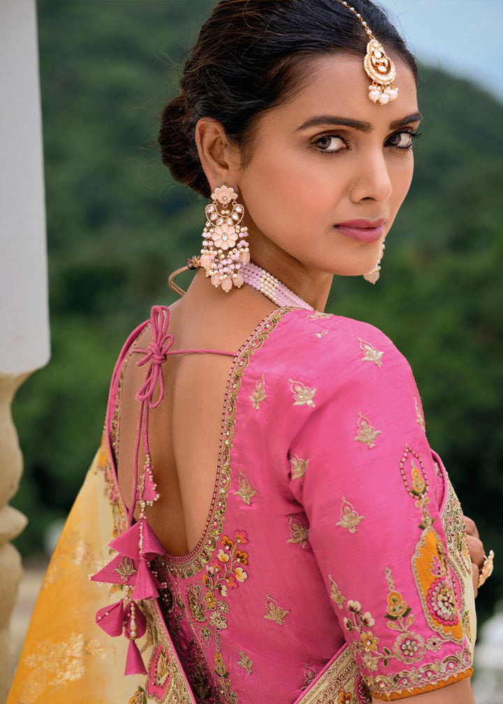 Orange & Pink Viscose Silk Saree with Intricate Cutwork & Embroidery - House of Sarvati LLC