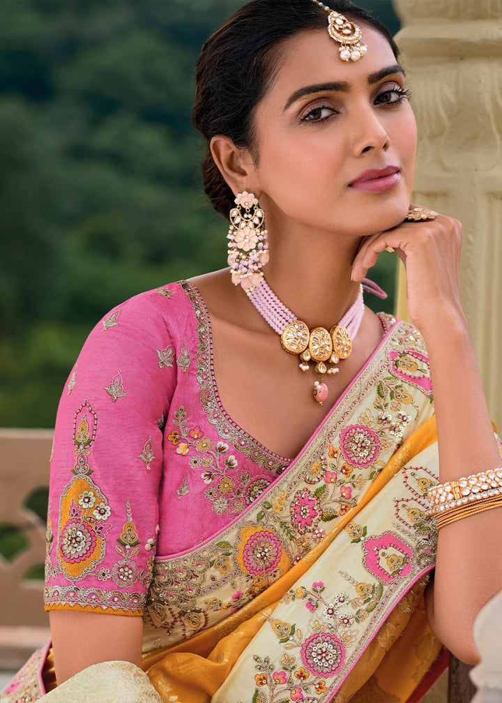 Orange & Pink Viscose Silk Saree with Intricate Cutwork & Embroidery - House of Sarvati LLC