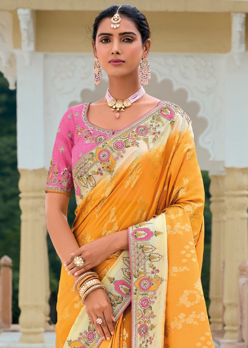 Orange & Pink Viscose Silk Saree with Intricate Cutwork & Embroidery - House of Sarvati LLC