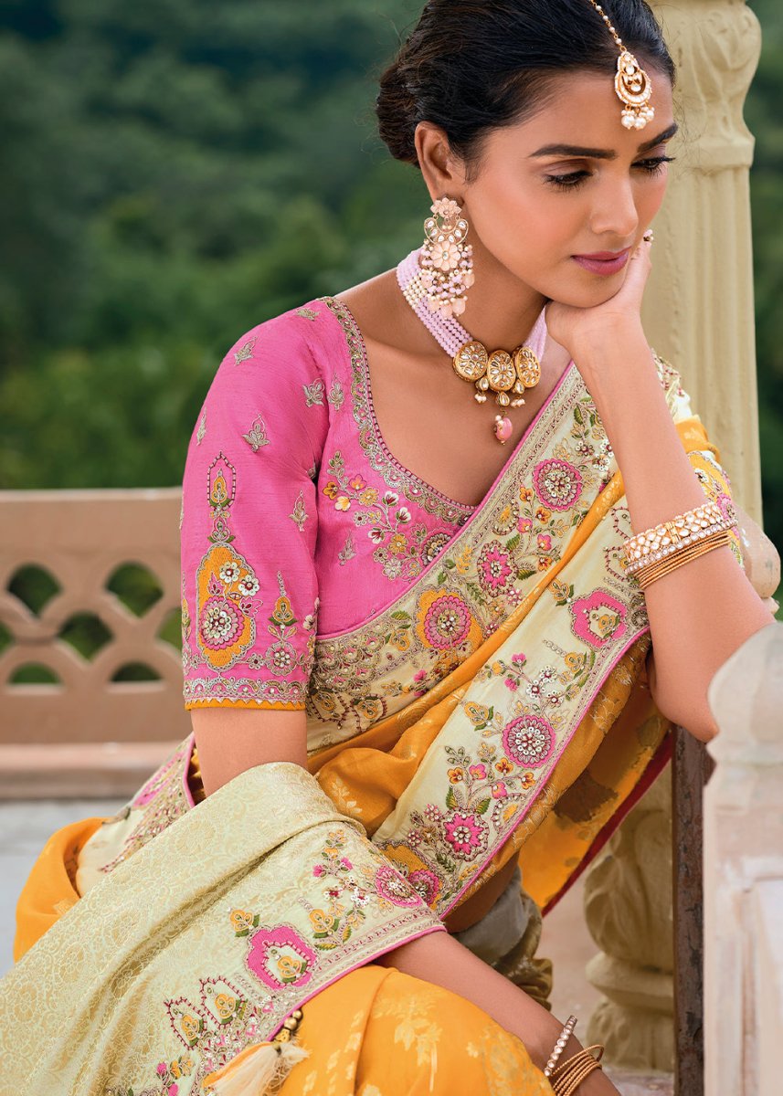 Orange & Pink Viscose Silk Saree with Intricate Cutwork & Embroidery - House of Sarvati LLC