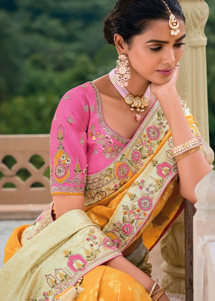 Orange & Pink Viscose Silk Saree with Intricate Cutwork & Embroidery - House of Sarvati LLC