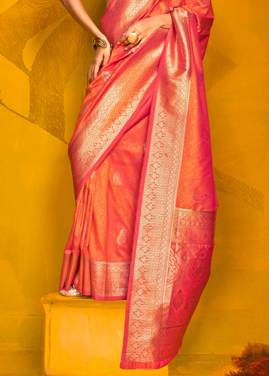 Orangish Pink Silk Saree Handwoven with Brocade Blouse - House of Sarvati LLC