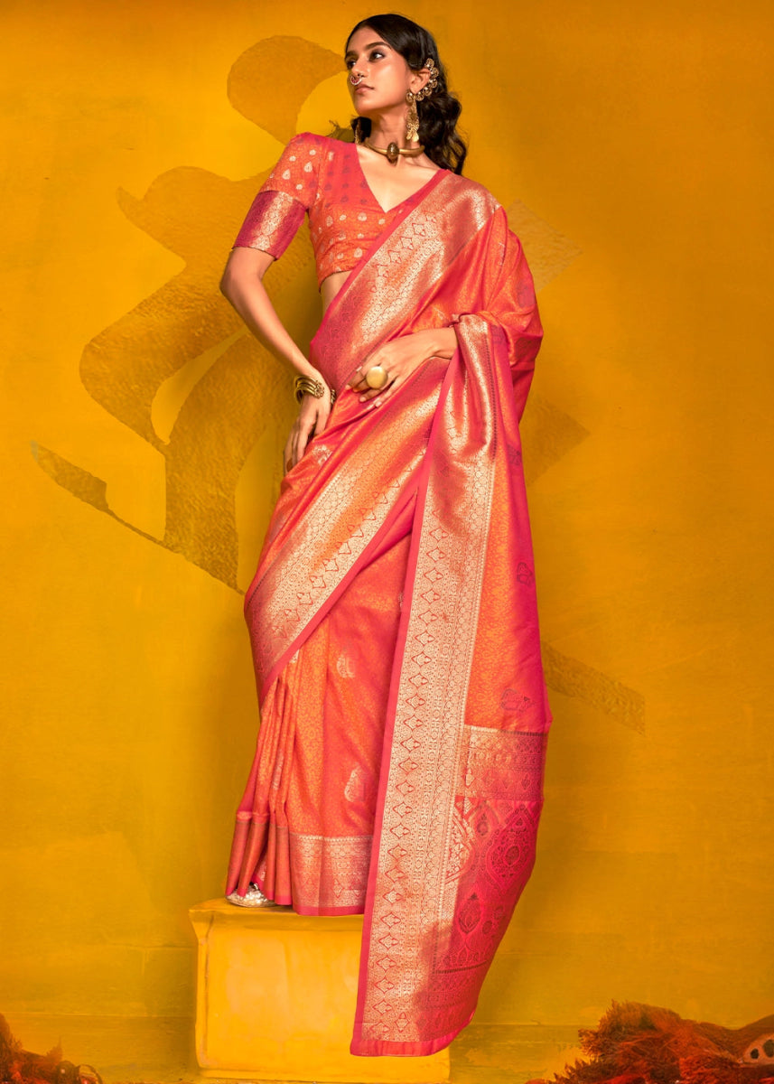 Orangish Pink Silk Saree Handwoven with Brocade Blouse - House of Sarvati LLC