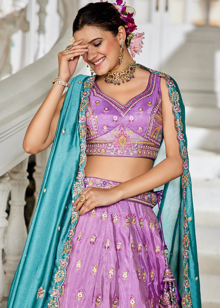 Orchid Purple Tissue Lehenga Choli with Sequins and Floral Embroidery - House of Sarvati LLC