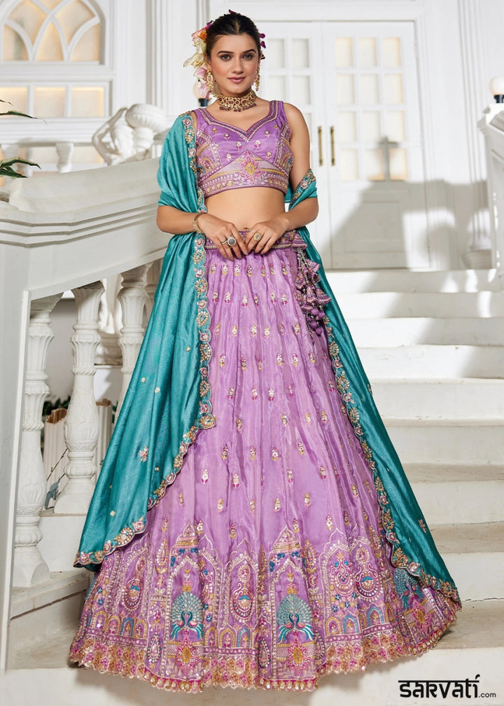 Orchid Purple Tissue Lehenga Choli with Sequins and Floral Embroidery - House of Sarvati LLC