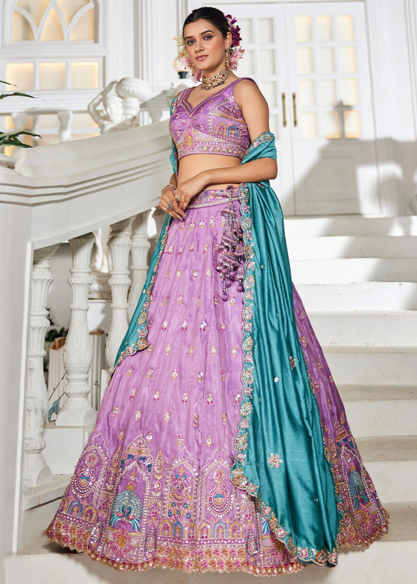 Orchid Purple Tissue Lehenga Choli with Sequins and Floral Embroidery - House of Sarvati LLC