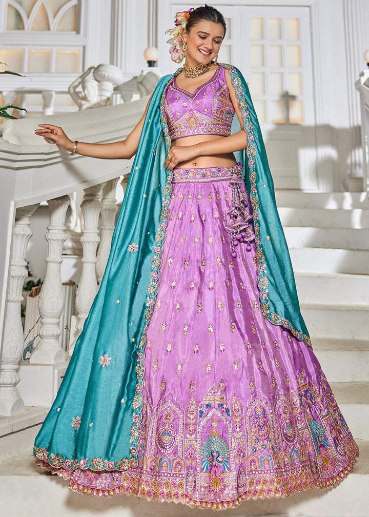 Orchid Purple Tissue Lehenga Choli with Sequins and Floral Embroidery - House of Sarvati LLC