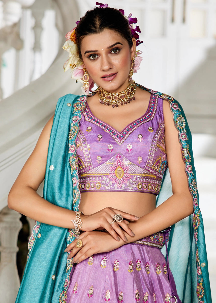 Orchid Purple Tissue Lehenga Choli with Sequins and Floral Embroidery - House of Sarvati LLC