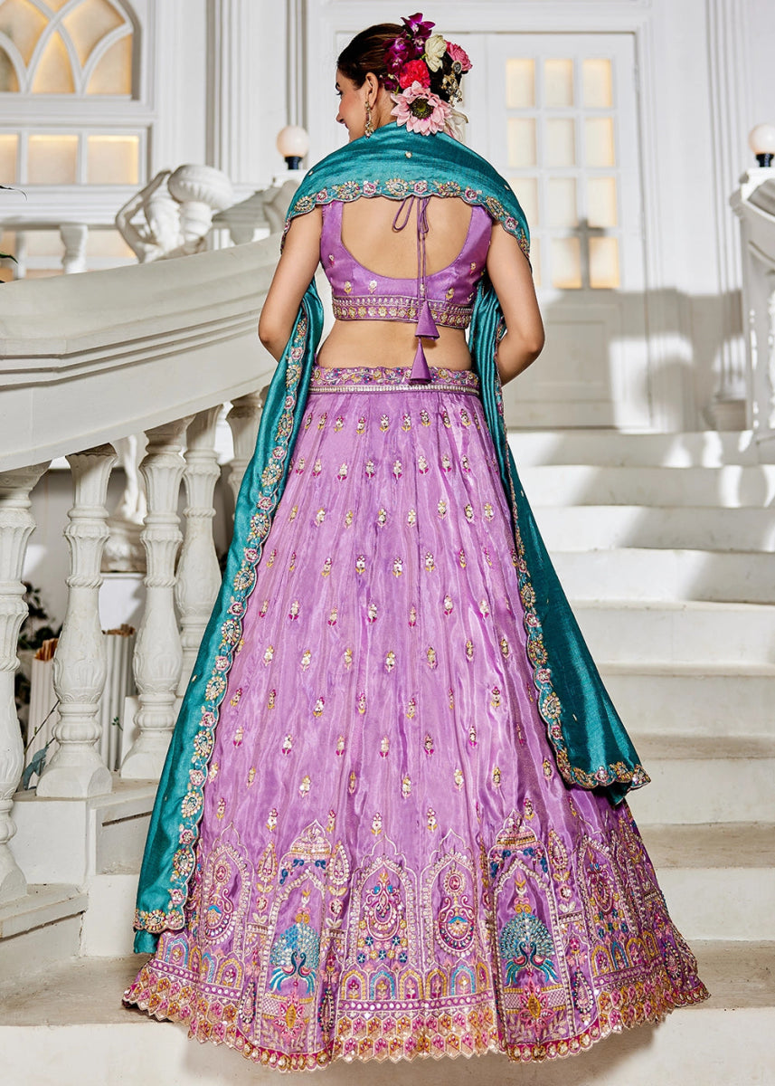 Orchid Purple Tissue Lehenga Choli with Sequins and Floral Embroidery - House of Sarvati LLC