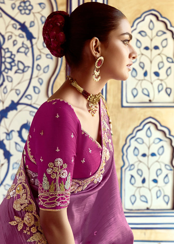 Orchid Purple Tissue Silk Saree Beautified with Intricate Thread Embroidery And Sequin Accents - House of Sarvati LLC