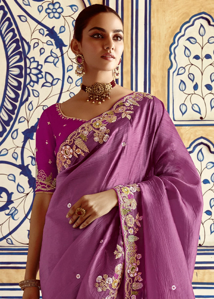 Orchid Purple Tissue Silk Saree Beautified with Intricate Thread Embroidery And Sequin Accents - House of Sarvati LLC