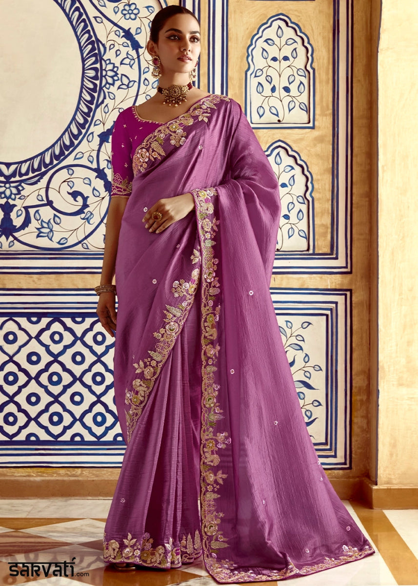Orchid Purple Tissue Silk Saree Beautified with Intricate Thread Embroidery And Sequin Accents - House of Sarvati LLC