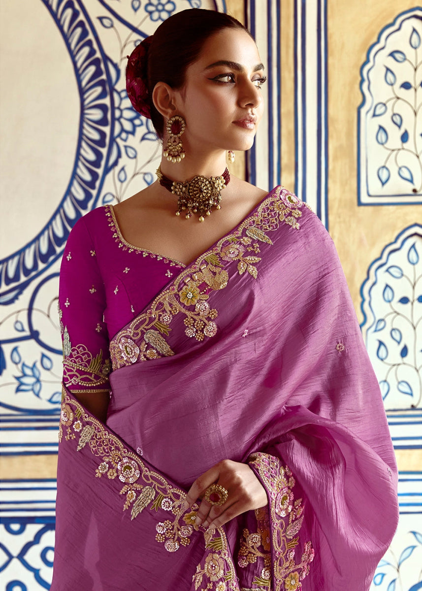 Orchid Purple Tissue Silk Saree Beautified with Intricate Thread Embroidery And Sequin Accents - House of Sarvati LLC