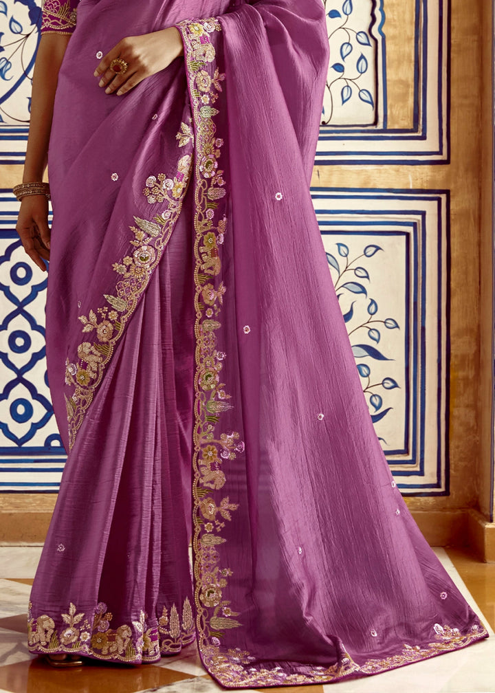 Orchid Purple Tissue Silk Saree Beautified with Intricate Thread Embroidery And Sequin Accents - House of Sarvati LLC