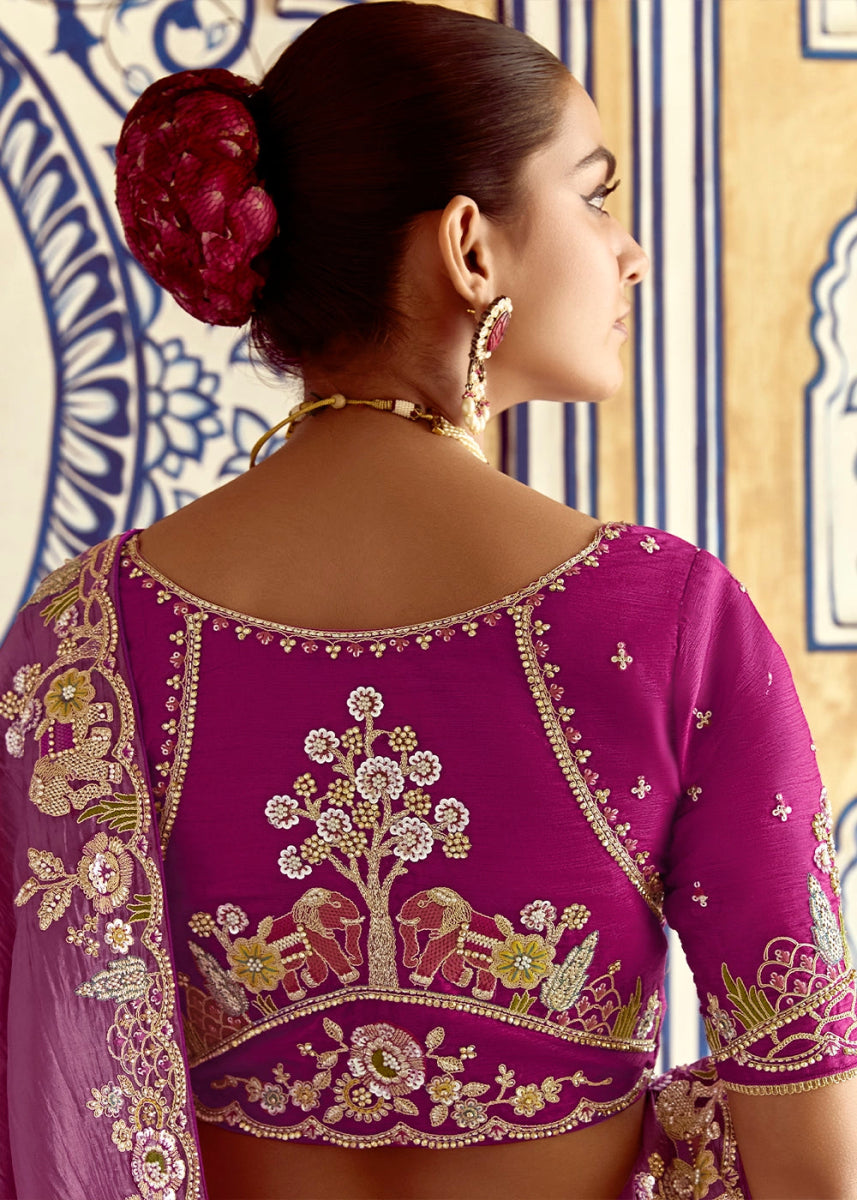 Orchid Purple Tissue Silk Saree Beautified with Intricate Thread Embroidery And Sequin Accents - House of Sarvati LLC