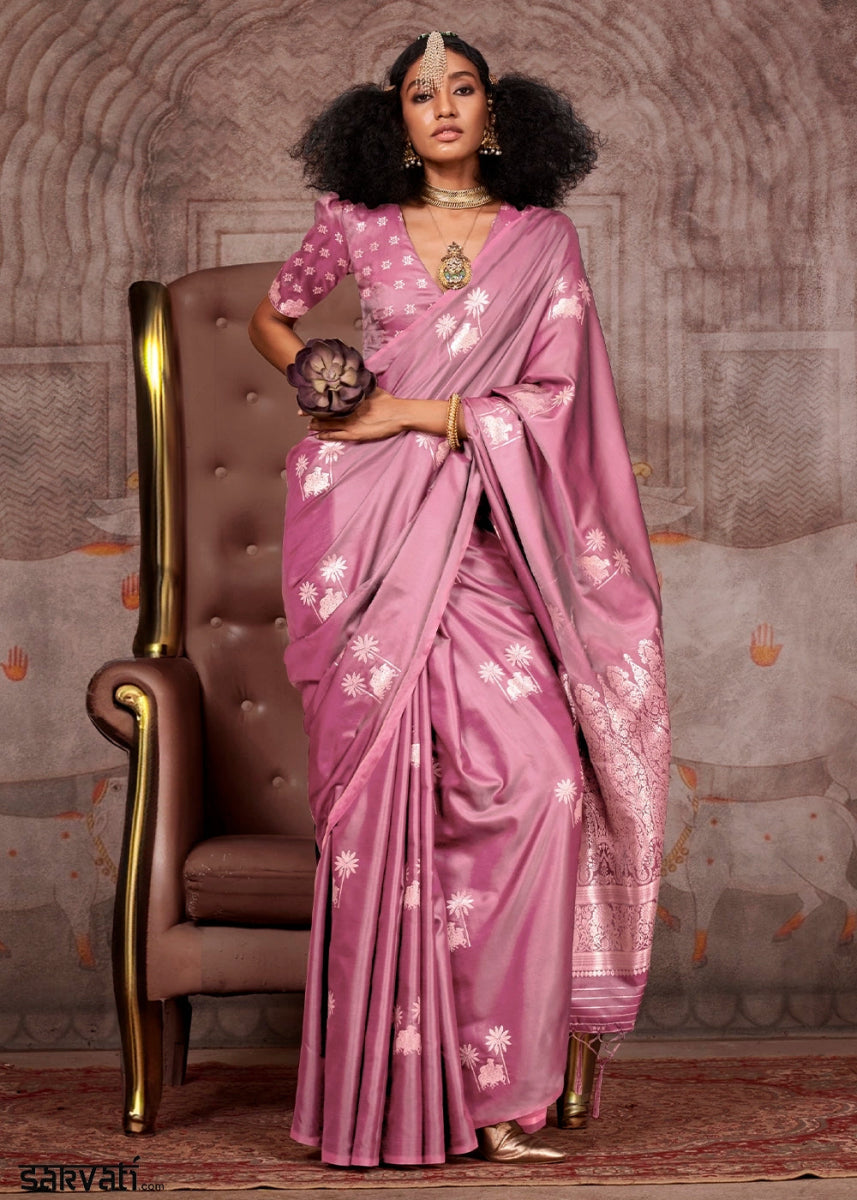 Orchid Purple Zari Woven Satin Silk Banarasi Saree with Brocade Blouse - House of Sarvati LLC