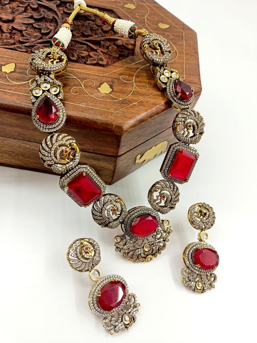 Paaro Maroon Victorian Necklace Set - House of Sarvati LLC