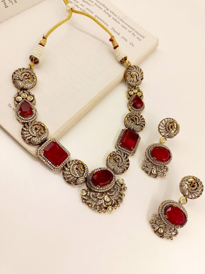 Paaro Maroon Victorian Necklace Set - House of Sarvati LLC
