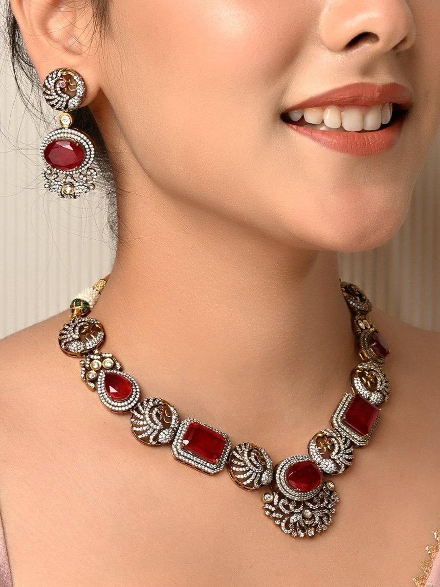 Paaro Maroon Victorian Necklace Set - House of Sarvati LLC