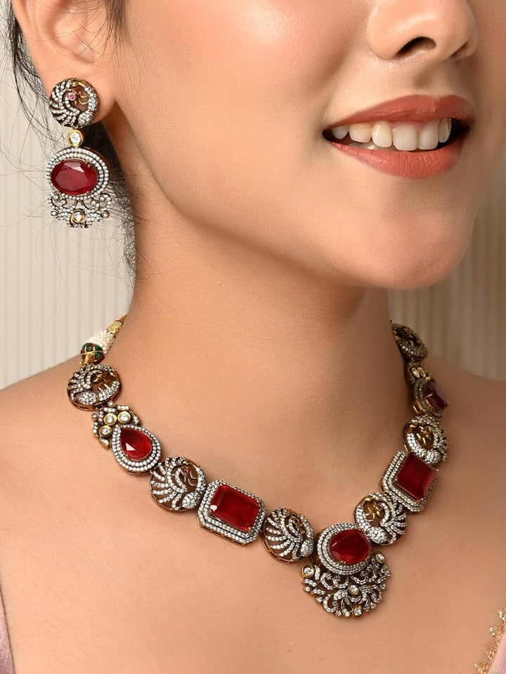 Paaro Maroon Victorian Necklace Set - House of Sarvati LLC