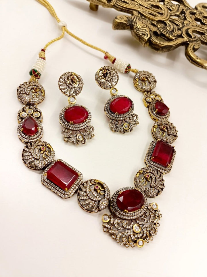 Paaro Maroon Victorian Necklace Set - House of Sarvati LLC