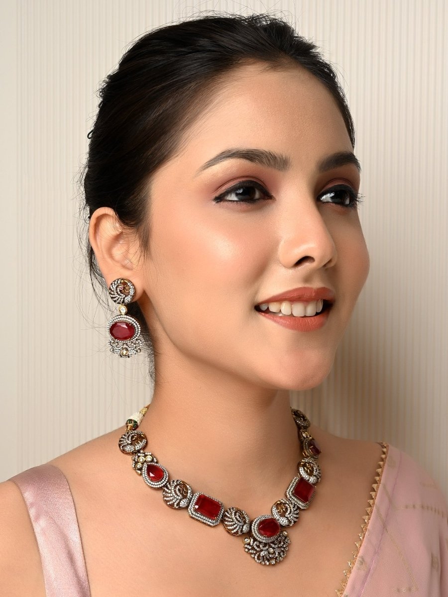 Paaro Maroon Victorian Necklace Set - House of Sarvati LLC