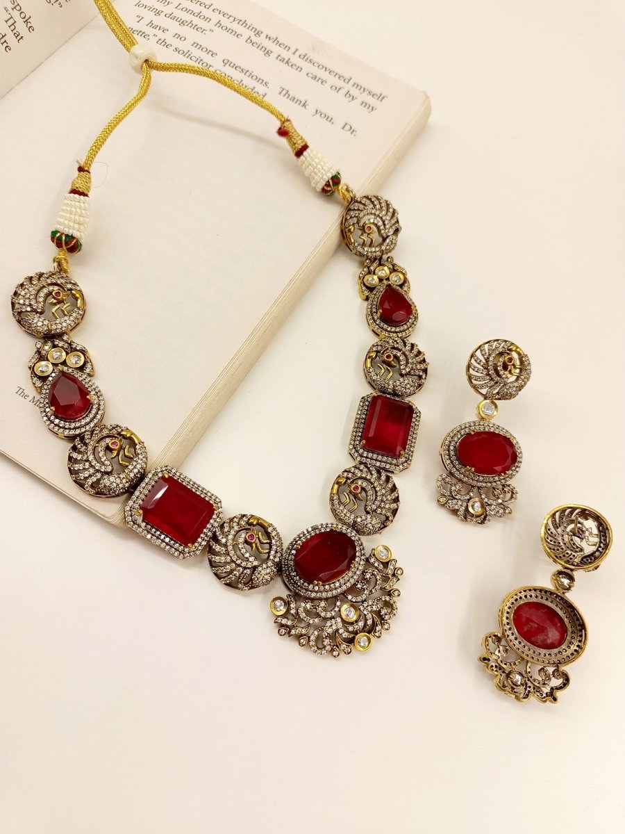 Paaro Maroon Victorian Necklace Set - House of Sarvati LLC
