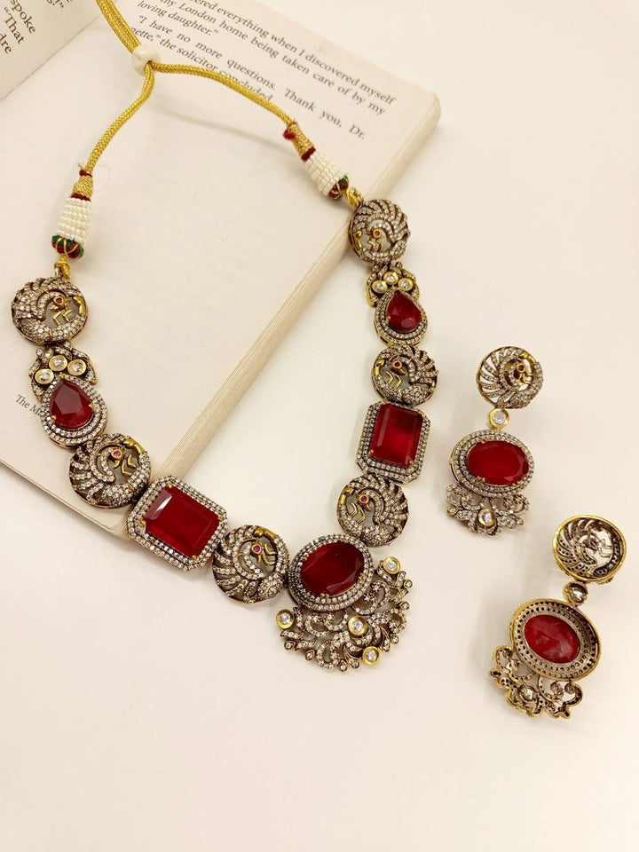 Paaro Maroon Victorian Necklace Set - House of Sarvati LLC