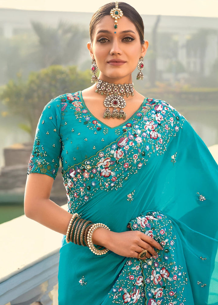 Pacific Blue Crepe Silk Saree with Intricate Zari, Moti & Cut - Dana Mirror Detailing - House of Sarvati LLC