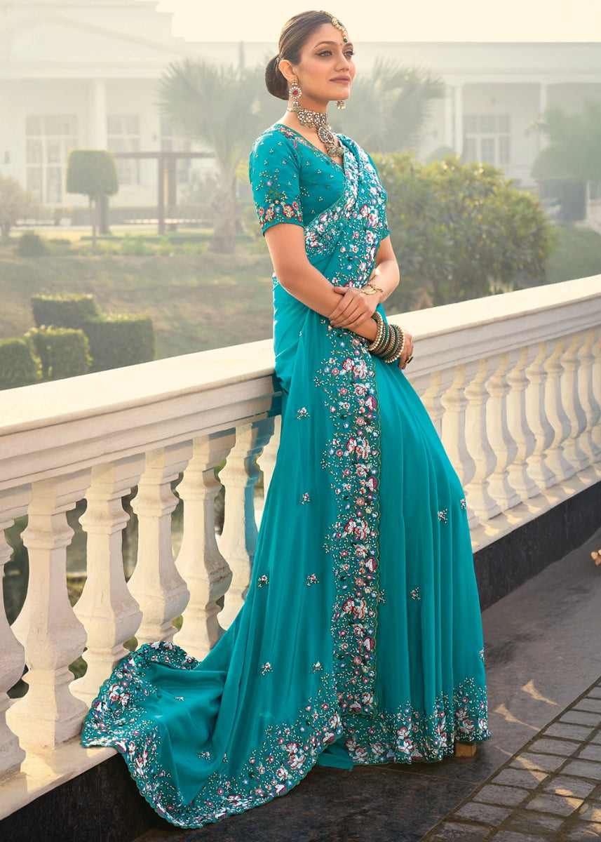 Pacific Blue Crepe Silk Saree with Intricate Zari, Moti & Cut - Dana Mirror Detailing - House of Sarvati LLC
