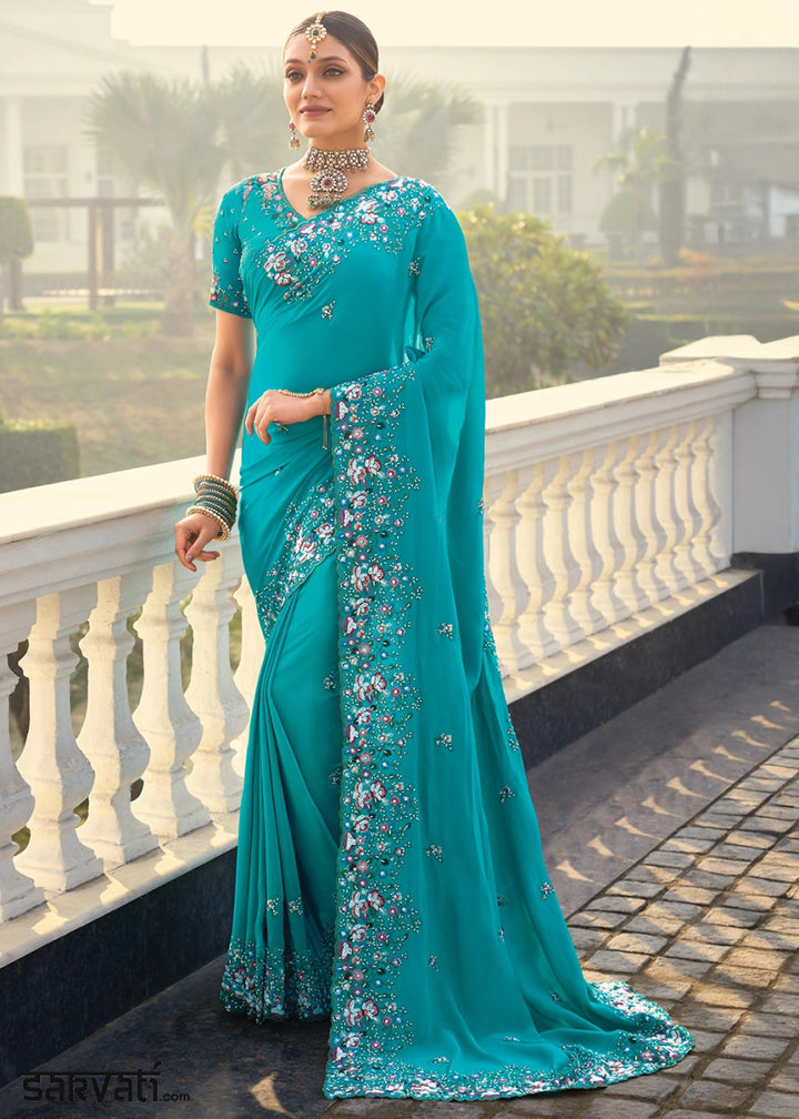 Pacific Blue Crepe Silk Saree with Intricate Zari, Moti & Cut - Dana Mirror Detailing - House of Sarvati LLC