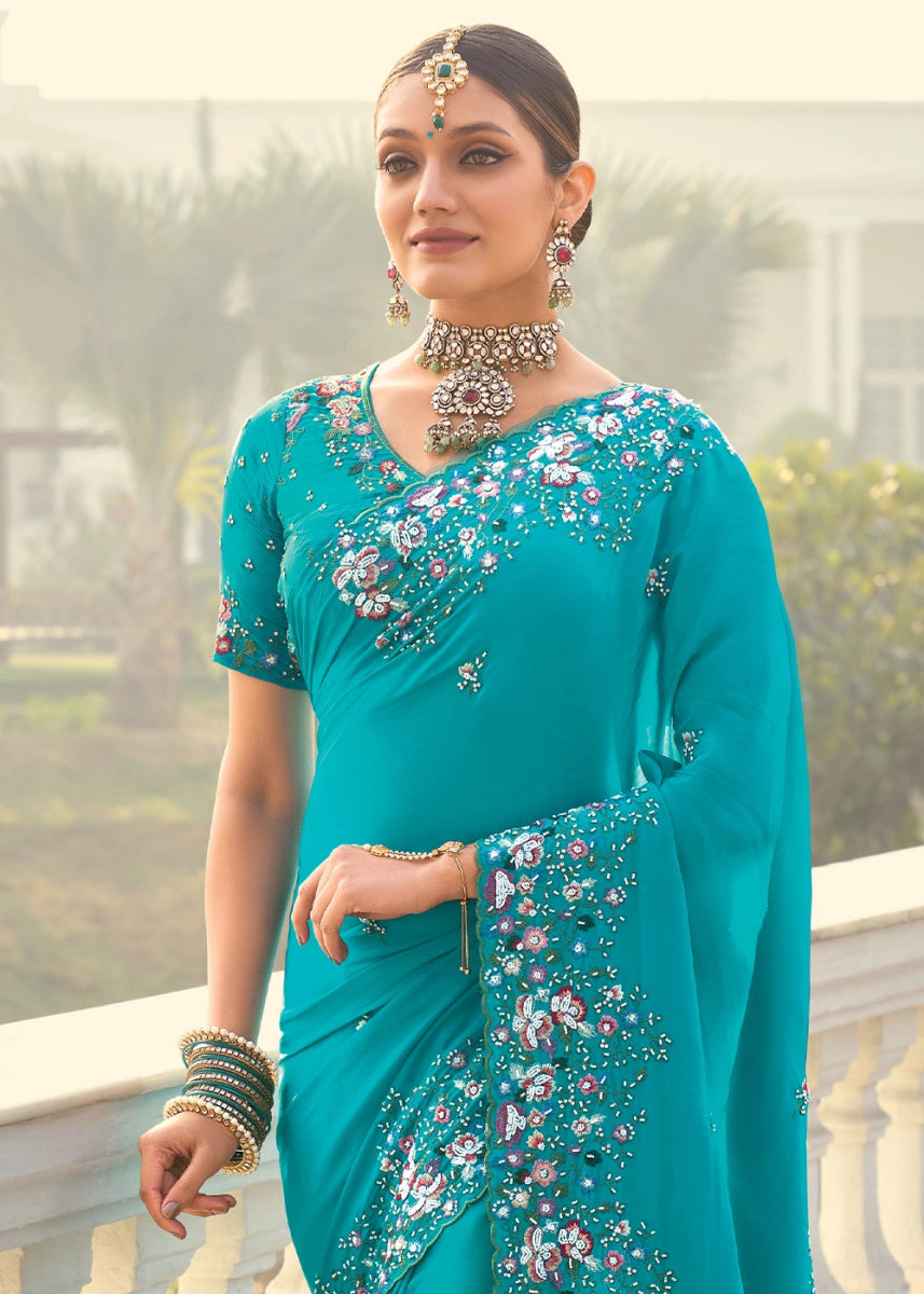 Pacific Blue Crepe Silk Saree with Intricate Zari, Moti & Cut - Dana Mirror Detailing - House of Sarvati LLC