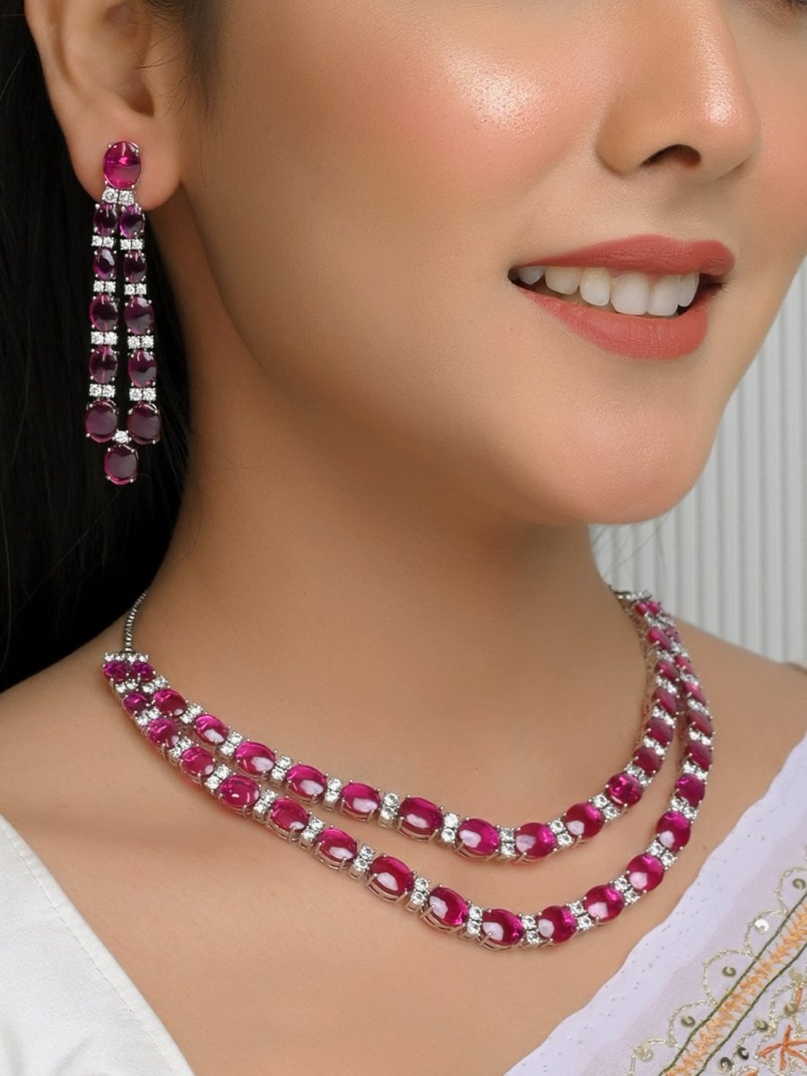 Pahaani Majenta Double Layered American Diamond Set - House of Sarvati LLC